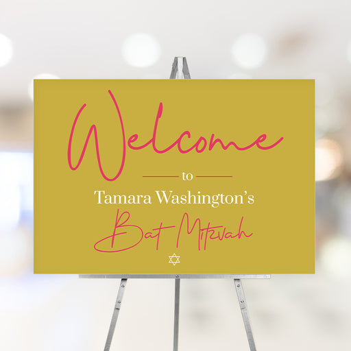 Custom pink and mustard Bat Mitzvah welcome sign featuring a Star of David. Perfect for entrances, parties, and receptions.
