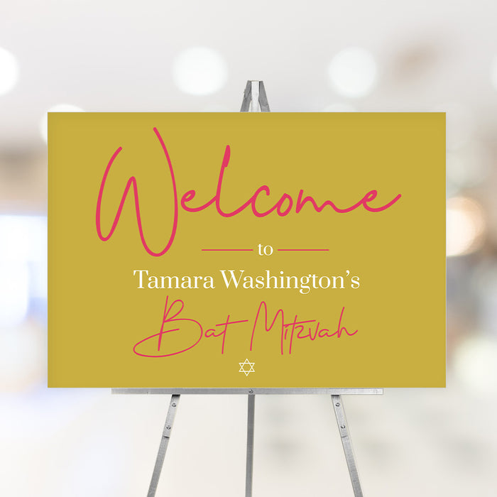 Custom pink and mustard Bat Mitzvah welcome sign featuring a Star of David. Perfect for entrances, parties, and receptions.
