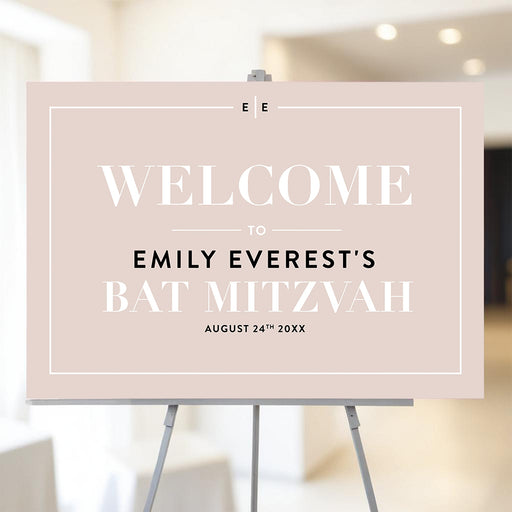 Bat Mitzvah welcome sign featuring modern typography on a soft beige background