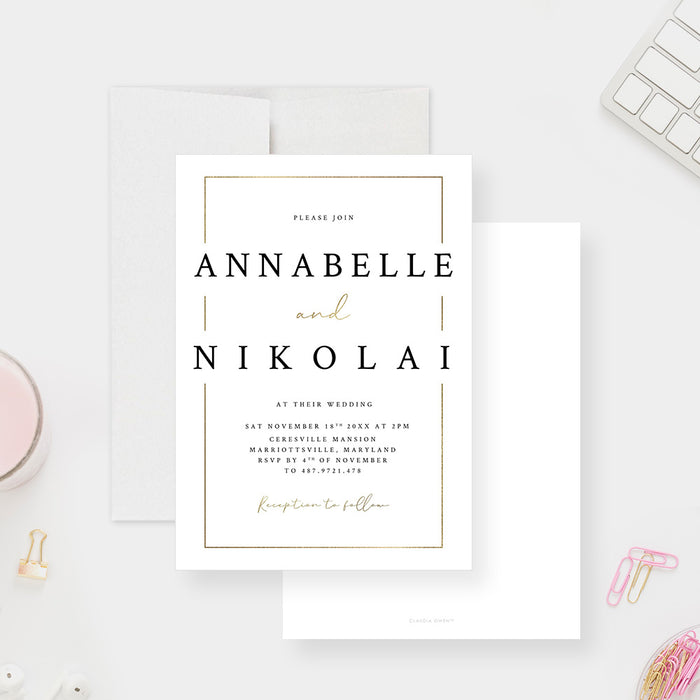 Classic White and Gold Wedding Invitation Card, Minimalist Elegant Wedding Reception Invites, Sophisticated Wedding Shower Invitations