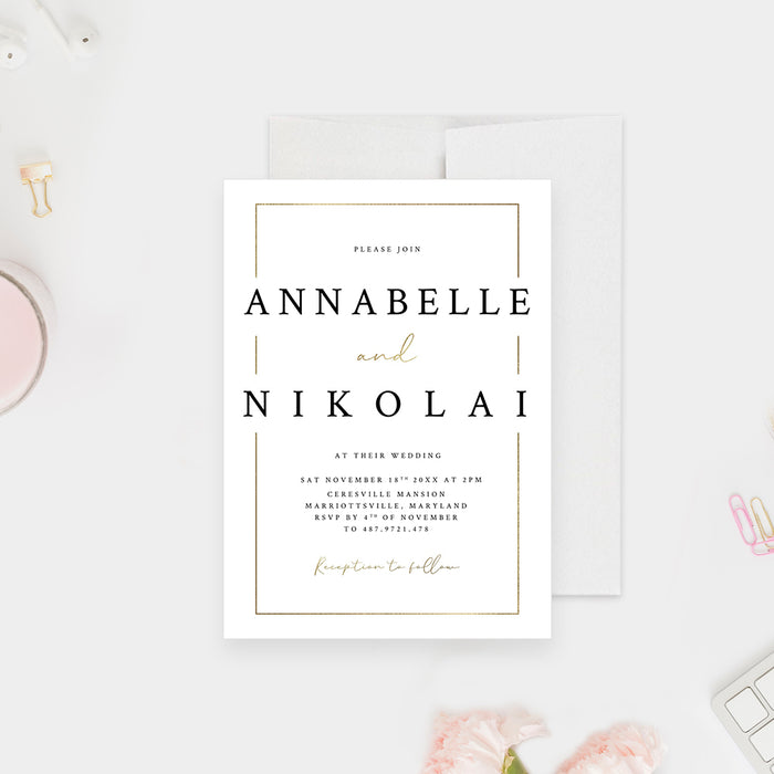 Classic White and Gold Wedding Invitation Card, Minimalist Elegant Wedding Reception Invites, Sophisticated Wedding Shower Invitations