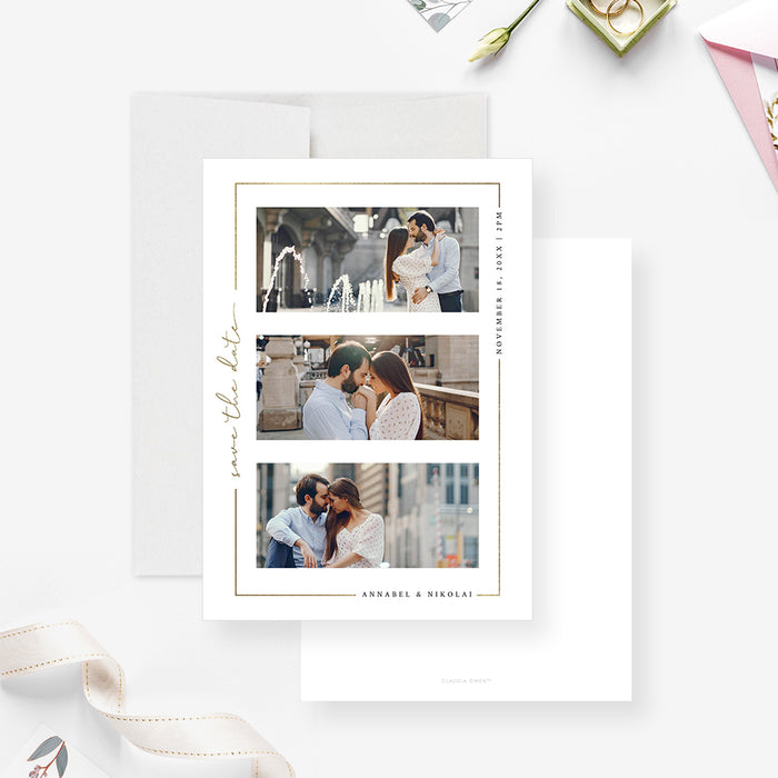 Elegant Save the Date Card with Photo Collage and Gold Border, Modern Photo Save the Dates for Weddings