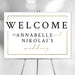 Elegant personalized wedding welcome sign featuring the couple’s names and gold accents, displayed on an easel as event entrance decor.