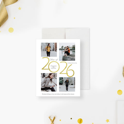 Class of 2026 graduation photo announcement card with collage layout and modern minimalist design-front
