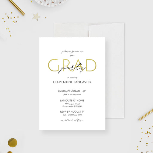 A white graduation party invitation card with gold text and design elements, displayed on a table with confetti.