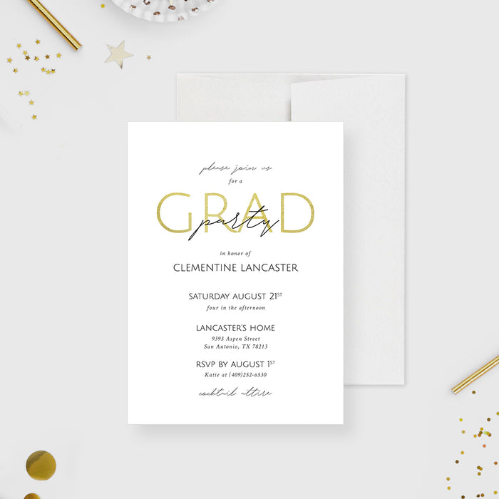 A white graduation party invitation card with gold text and design elements, displayed on a table with confetti.