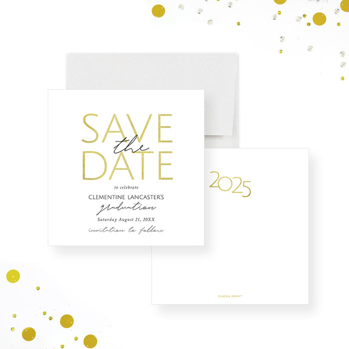 Elegant graduation save the date card for Class of 2026 with minimalist white design and modern lettering-front-back