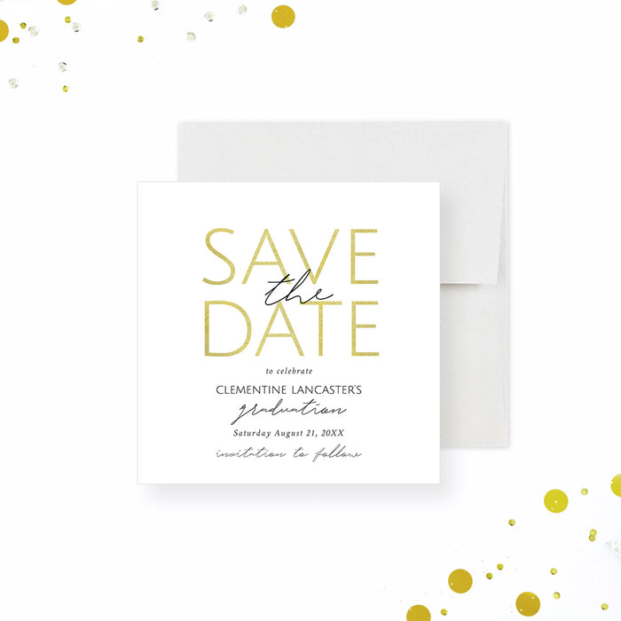 Elegant graduation save the date card for Class of 2026 with minimalist white design and modern lettering-front