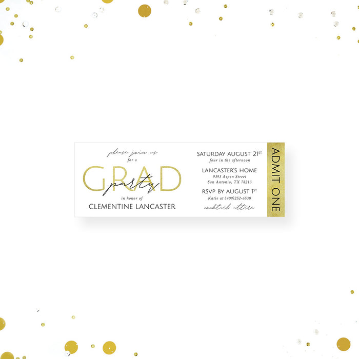Graduation ticket invitation for Class of 2026 with admit one design and modern minimalist layout