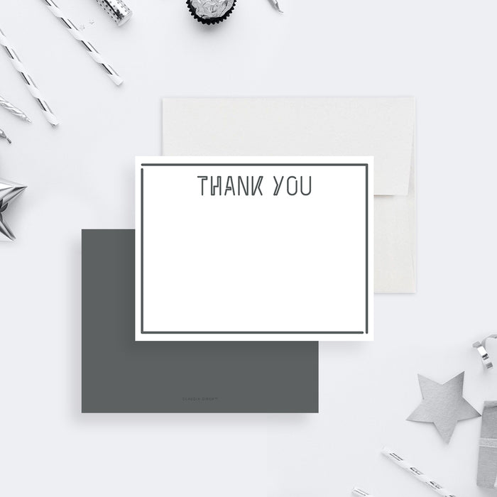 White thank you note card with a gray double-line border and a solid gray reverse.
