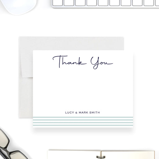 Personalized minimalist thank you note card with navy blue stripes, designed for men. Ideal for birthdays, business, or everyday correspondence.