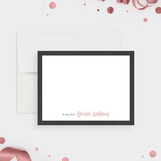 Minimalist note card for women with black border and pink name