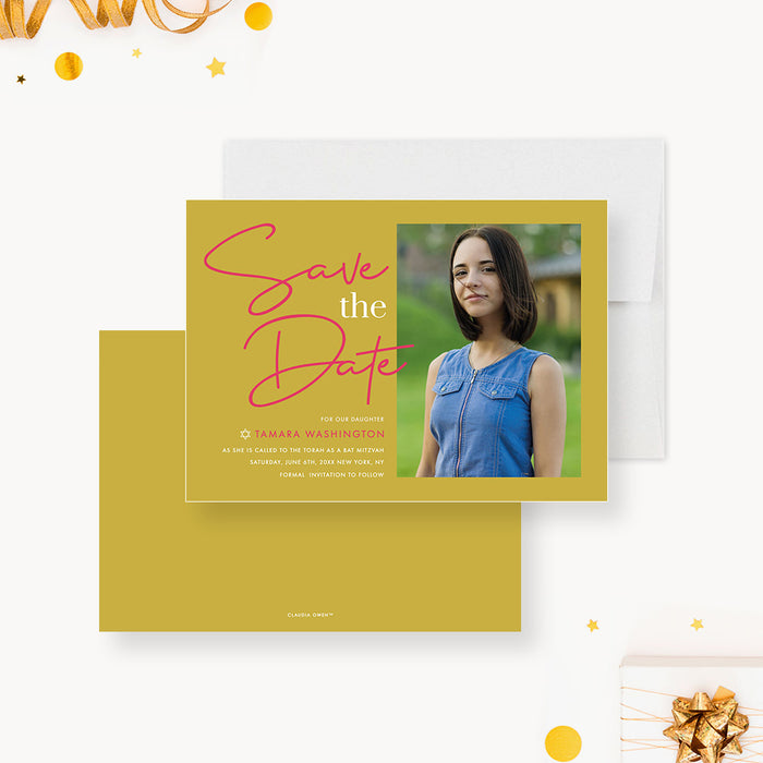 Bat Mitzvah Save the Date Card with Photo, Jewish Party Save the Dates in Mustard Yellow Design