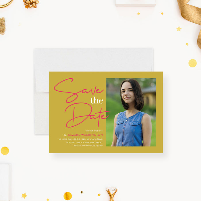 Bat Mitzvah Save the Date Card with Photo, Jewish Party Save the Dates in Mustard Yellow Design