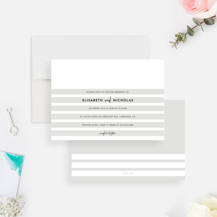 Simple Classic Wedding Invitation Card with Stripes, Formal Wedding Invitations, Minimalist Wedding Invites