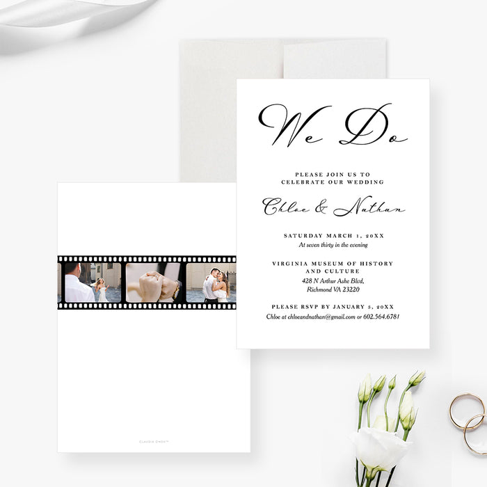 elegant black and white wedding invitation with script lettering, wedding details, and photo filmstrip design-front-back