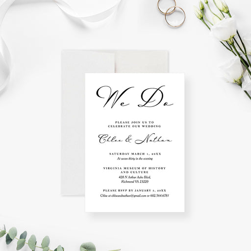 elegant black and white wedding invitation with script lettering, wedding details, and photo filmstrip design-front