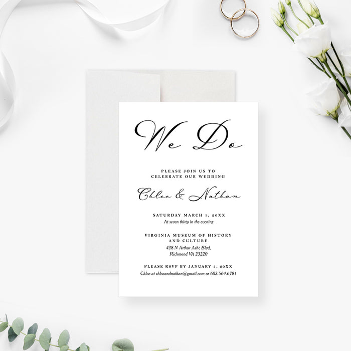 elegant black and white wedding invitation with script lettering, wedding details, and photo filmstrip design-front
