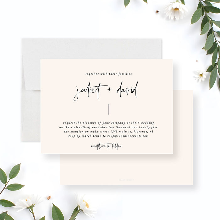 Minimalist beige wedding invitation with modern script typography-front-back