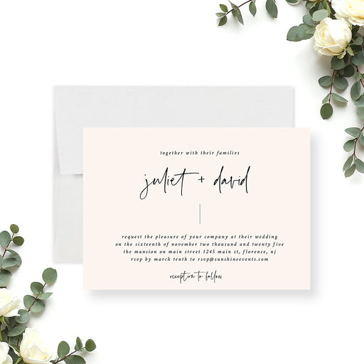 Minimalist beige wedding invitation with modern script typography-front