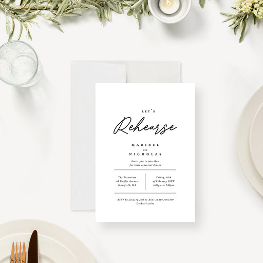 Minimalist black and white rehearsal dinner invitation, customizable with event details.-front
