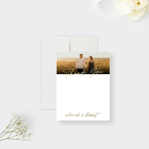 Wedding thank you card featuring a romantic couple’s photo and elegant minimalist design-front