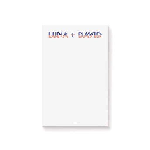 Modern minimalist wedding notepad featuring personalized couple names with orange and blue striped accents.
