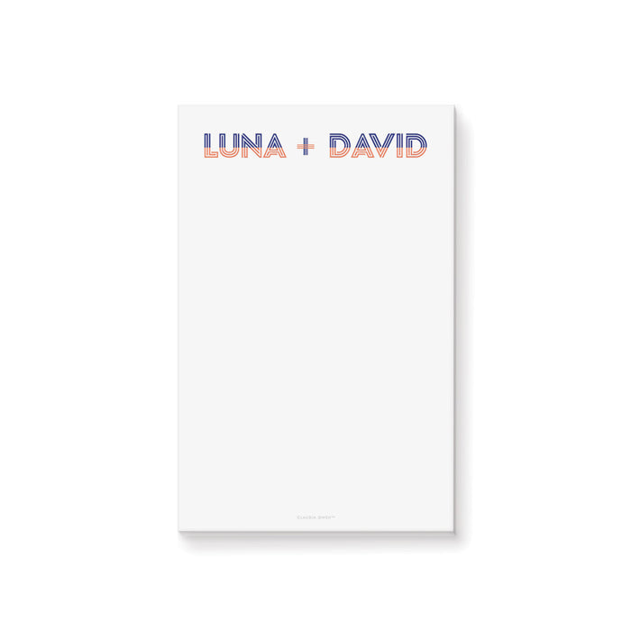 Modern minimalist wedding notepad featuring personalized couple names with orange and blue striped accents.