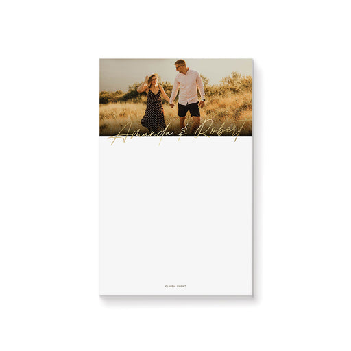 Personalized wedding notepad featuring a romantic couple’s photo and minimalist design