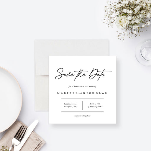 Minimalist black-and-white rehearsal dinner save the date card with custom event details.-front