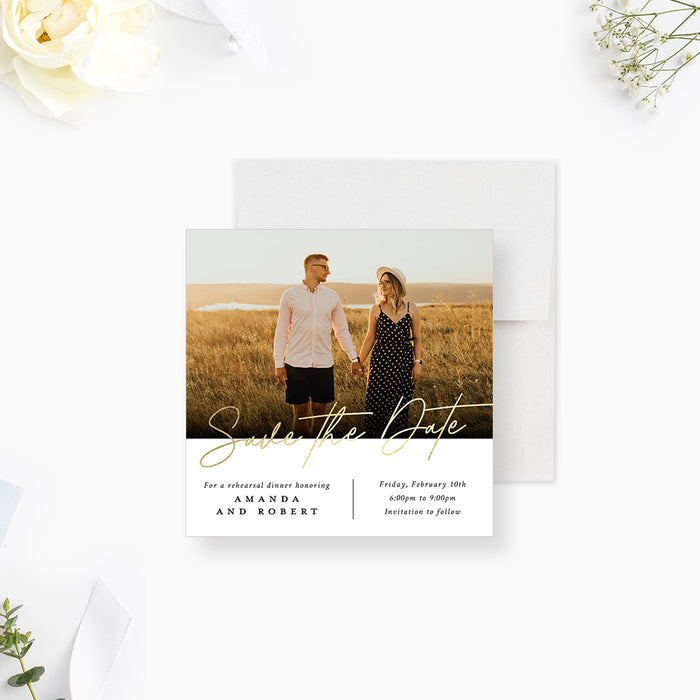 Rehearsal dinner save the date card featuring a romantic couple’s photo and modern minimalist design-front