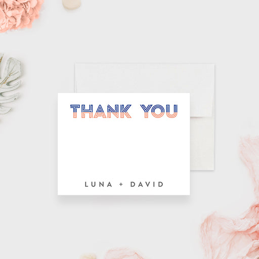 Modern wedding thank you card featuring orange and blue striped accents with minimalist typography.-front
