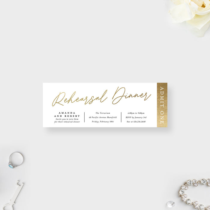 Personalized rehearsal dinner ticket invitation with elegant gold script typography
