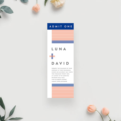 Modern rehearsal dinner ticket invitation with orange and blue stripes and minimalist typography.