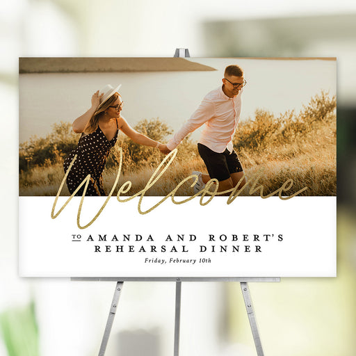 Wedding rehearsal dinner welcome sign with elegant script and romantic couple’s photo