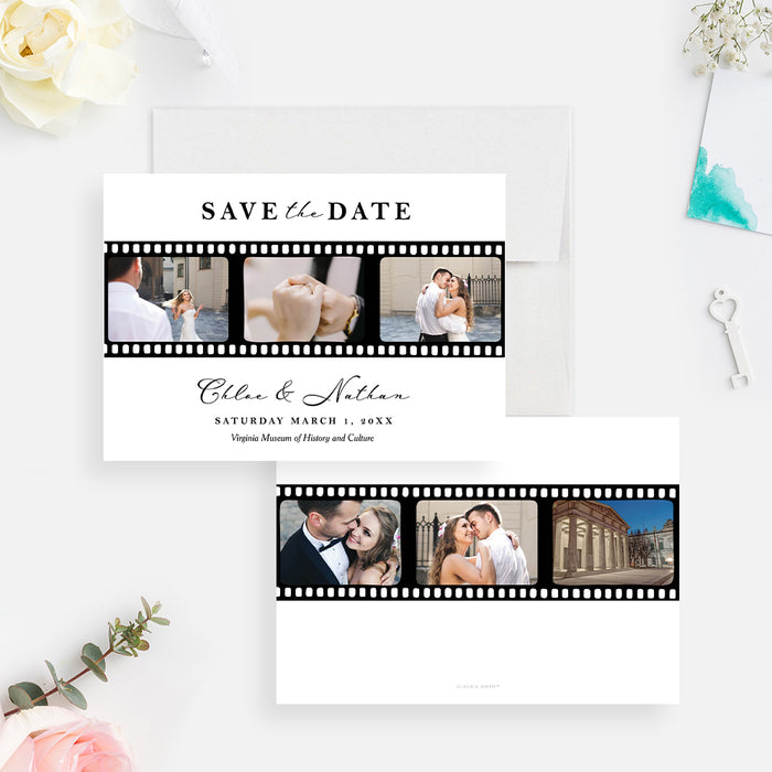 wedding save the date card with three-photo filmstrip design, elegant lettering, black-and-white layout, and wedding details-front-back