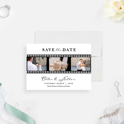 wedding save the date card with three-photo filmstrip design, elegant lettering, black-and-white layout, and wedding details-front
