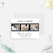 wedding save the date card with three-photo filmstrip design, elegant lettering, black-and-white layout, and wedding details-front
