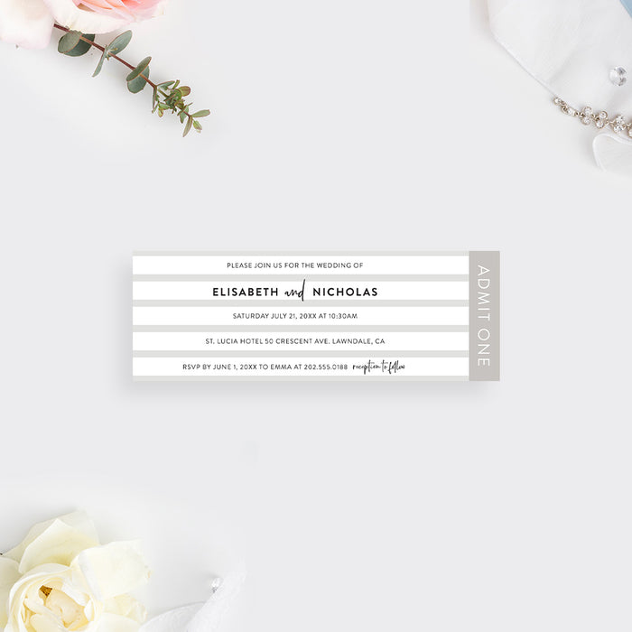 Simple Wedding Ticket Invitation with Stripes, Minimalist Wedding Ticket Invites, Ticket for Wedding Anniversary Celebration