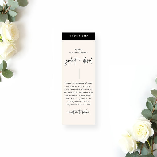 Minimalist wedding ticket invitation with beige background and script typography