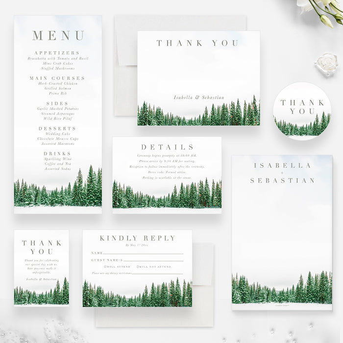 Winter Wonderland Wedding Invitation with Snowy Pines Design, Elegant Snow Covered Pine Trees Marriage Invitation, Frosty Forest Wedding Invitation