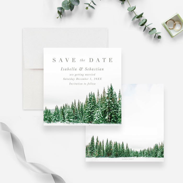 Winter Theme Wedding Save the Date with Snowy Pines Design, Frozen Forest Wedding Save the Dates