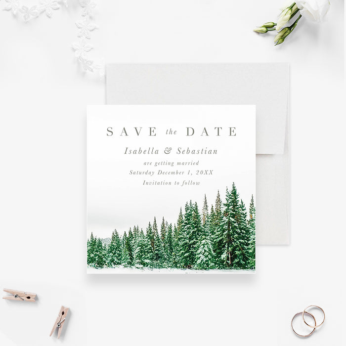 Winter Theme Wedding Save the Date with Snowy Pines Design, Frozen Forest Wedding Save the Dates