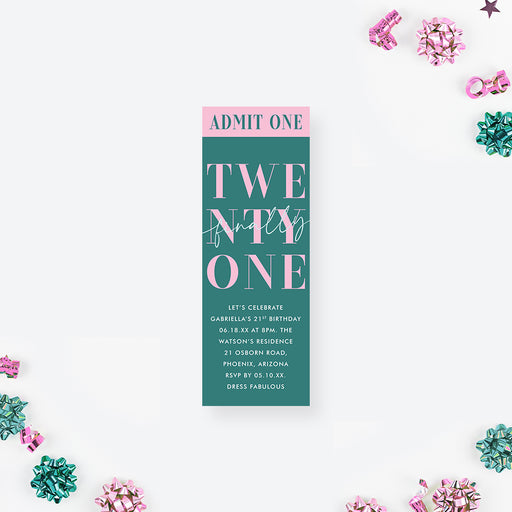 21st birthday ticket invitation admit one card with pink and teal modern design for milestone party