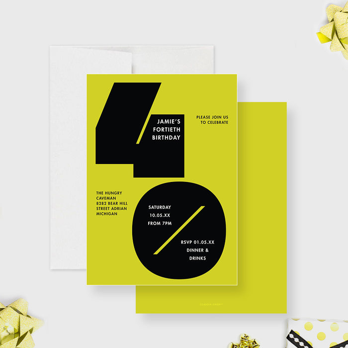 modern 40th birthday invitation with bold black number design and bright yellow background-front-back