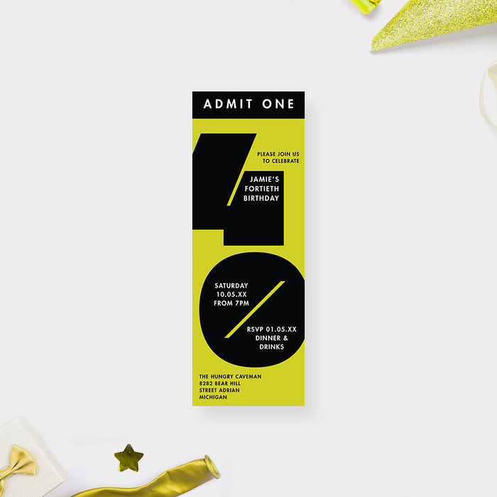 modern 40th birthday ticket invitation with bold black typography and bright yellow background