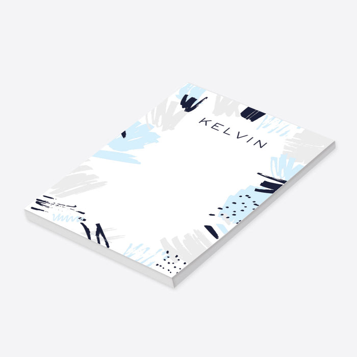 personalized notepad with modern blue and gray abstract brushstroke design and custom name-side
