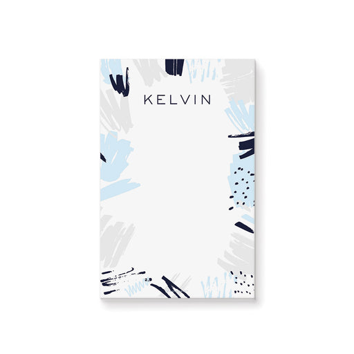 personalized notepad with modern blue and gray abstract brushstroke design and custom name