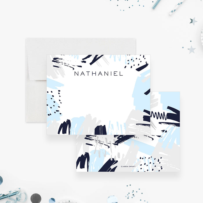 modern abstract thank you card with blue and gray brushstroke pattern and personalized name-front-back