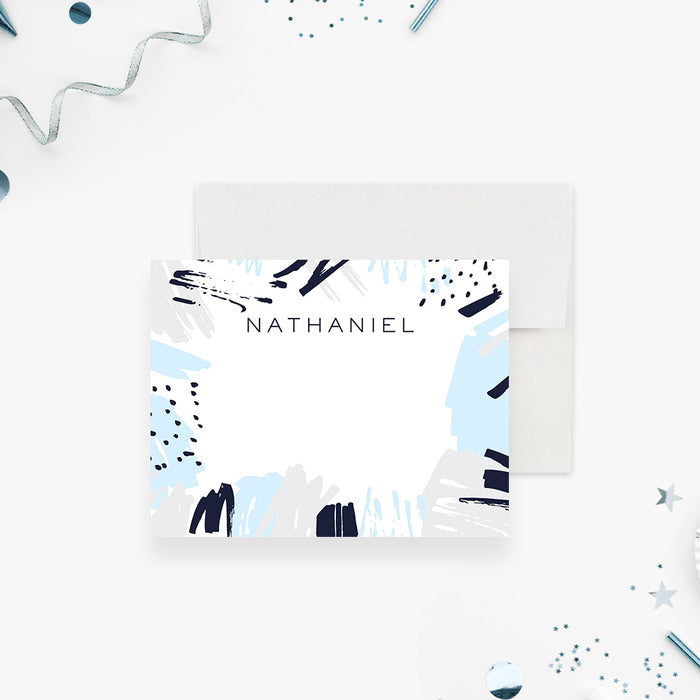 modern abstract thank you card with blue and gray brushstroke pattern and personalized name-front
